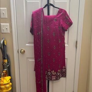 Vibrant Pink Embellished Dress with Scarf